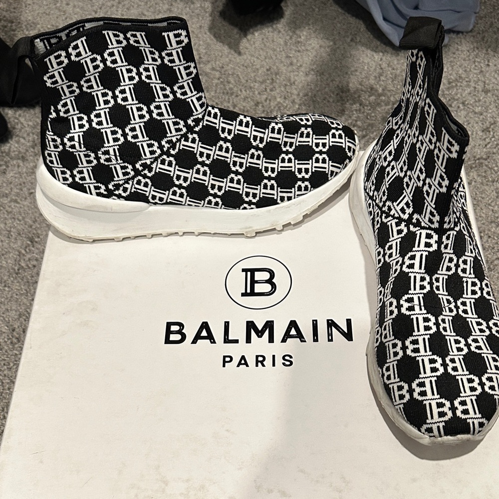 Balmain Monogram Black and White High-Top Sneakers